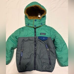 Patagonia Toddler’s Reversible Tribbles Hoodie Puffer Jacket in Gray/Green, 4T